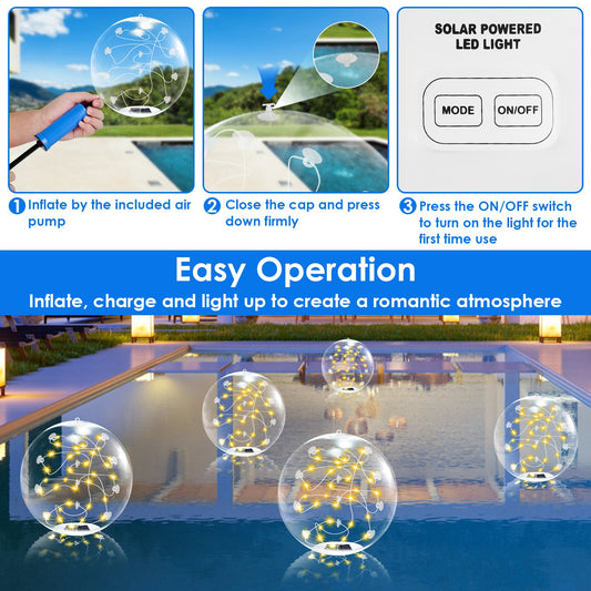 Inflatable solar pool ball glowing warm white while floating on water at night