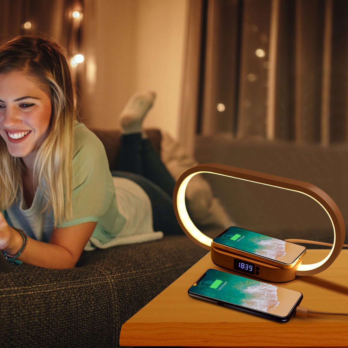 Bedside lamp with Qi wireless charging pad and phone charging demonstration