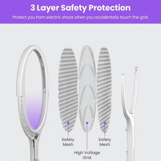 Bug zapper racket extended to full 42.9-inch length for ceiling swatting