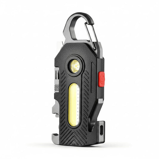 Compact COB keychain flashlight shown at 45-degree angle