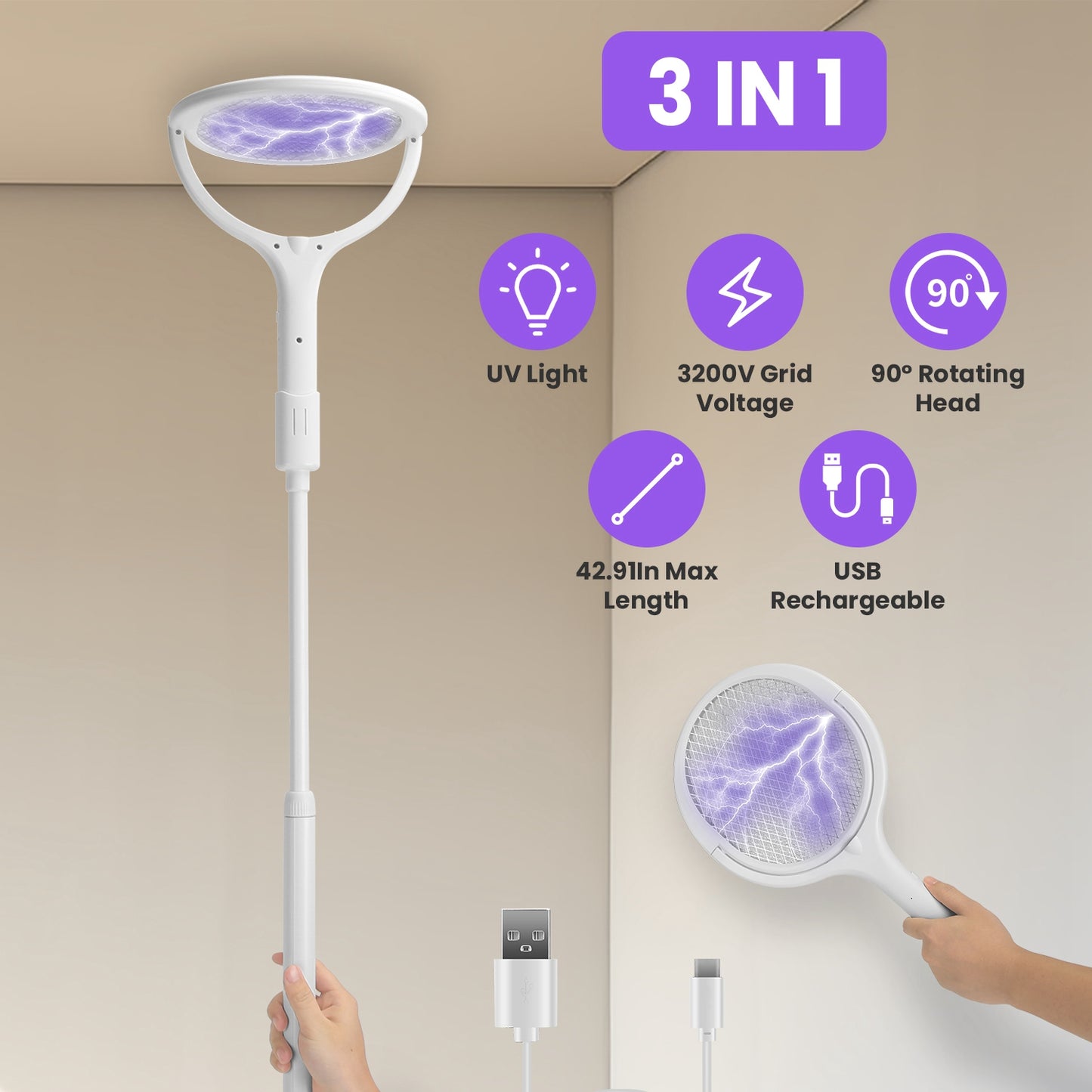 3-in-1 electric bug zapper racket with telescopic wand on white background