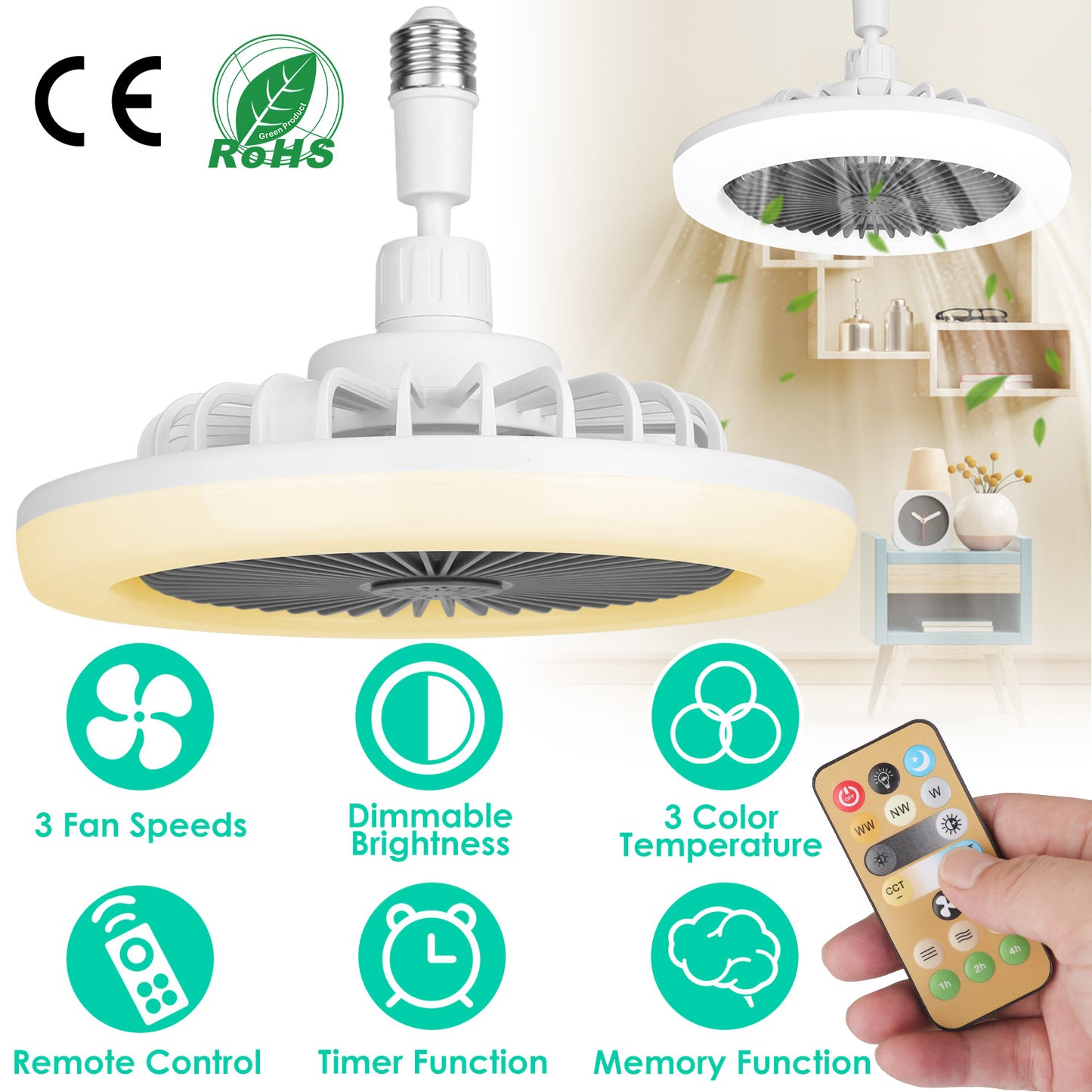 E27 ceiling fan light showing 10¡§C100% dimming range at different brightness levels
