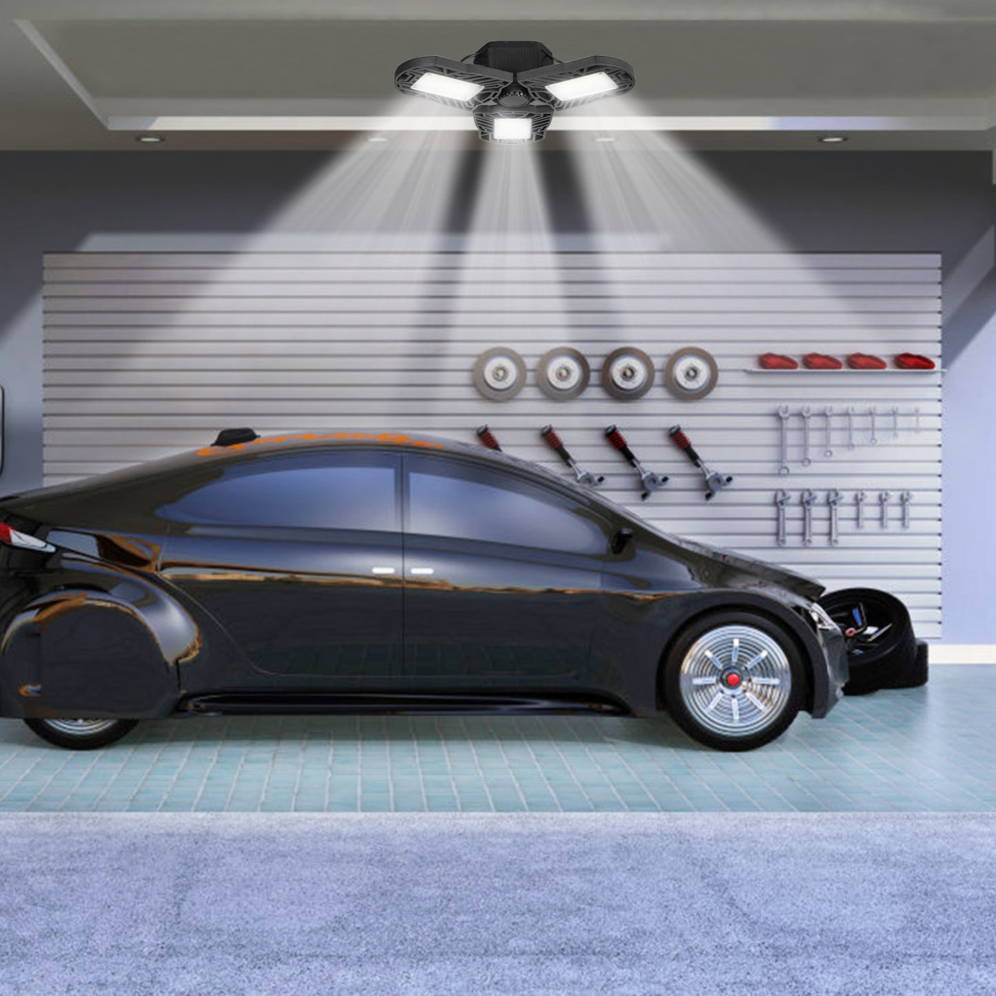 80W LED ceiling light illuminating a two-car garage with bright 6500K daylight