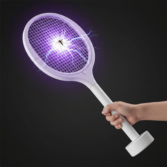 Electric bug zapper racket shown in action swatting insects outdoors