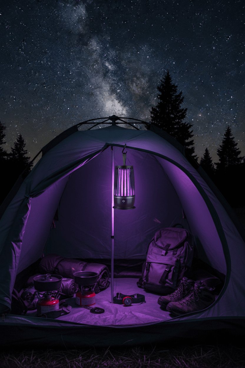 Mosquito killer lamp hanging inside camping tent for outdoor insect control