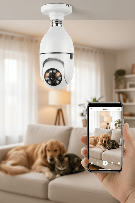 E27 WiFi bulb camera installed in ceiling socket monitoring pets at home