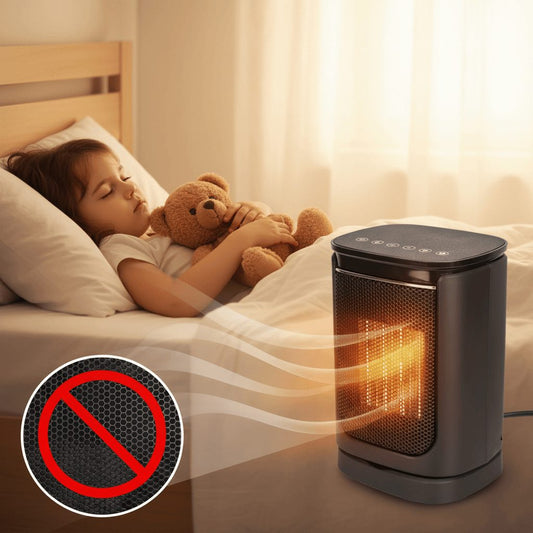 1500W ceramic space heater shown in quiet bedroom operation scene