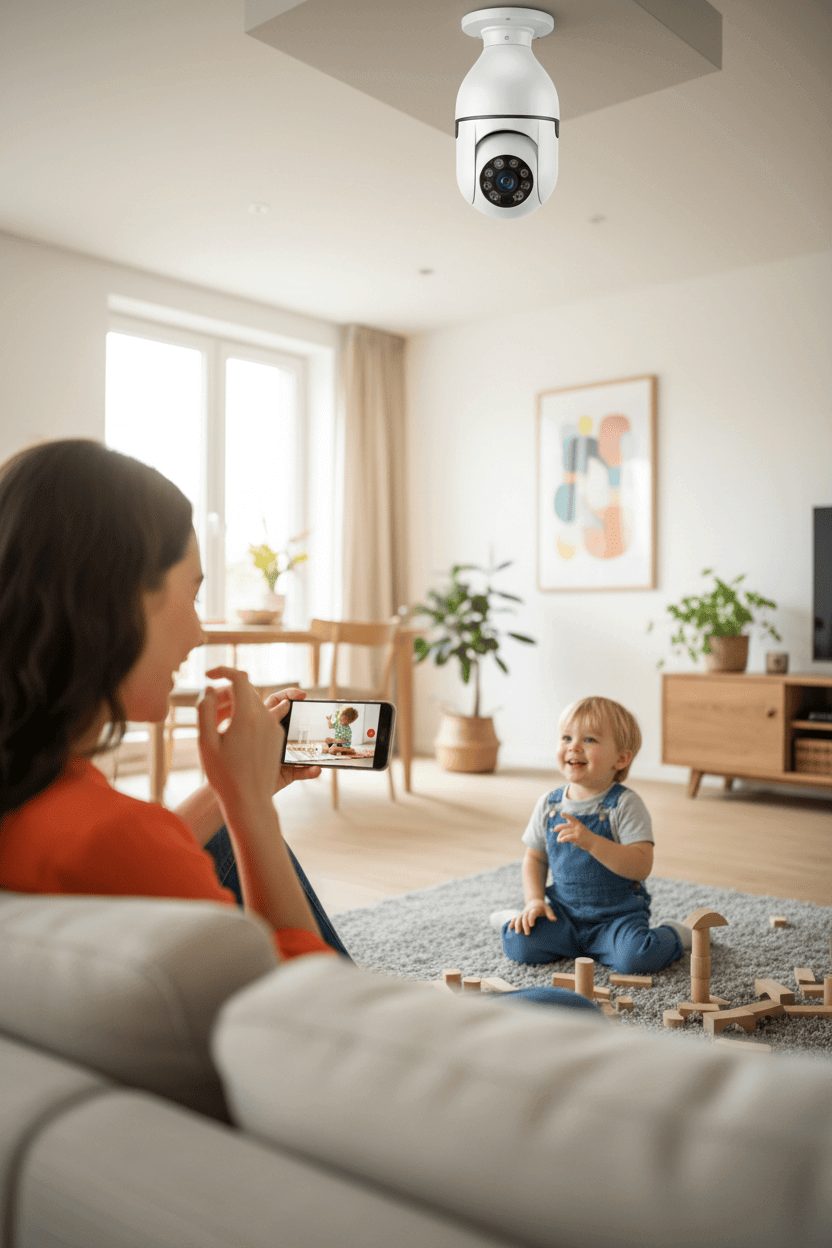 WiFi bulb camera showing two-way audio intercom between family members