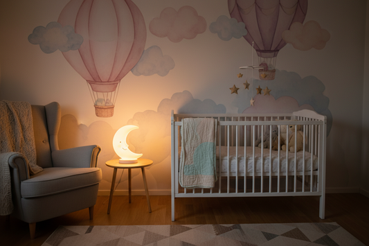 Warm LED night light glowing softly in a baby nursery at night, safe for newborn sleep