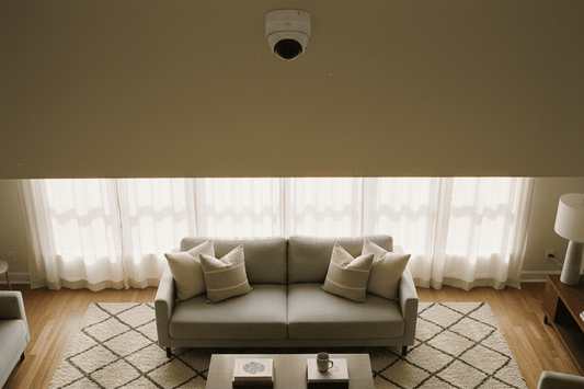 E27 WiFi PTZ bulb security camera installed in living room ceiling socket, monitoring the room from above