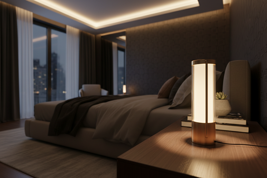 Dimmable LED night light at low brightness on a bedroom nightstand for sleep-friendly ambient light