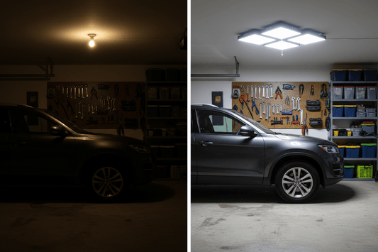 80W deformable LED garage light illuminating single-car garage