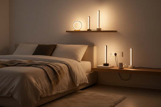 Space-saving LED night light on a small bedroom nightstand with warm glow and no visible cords
