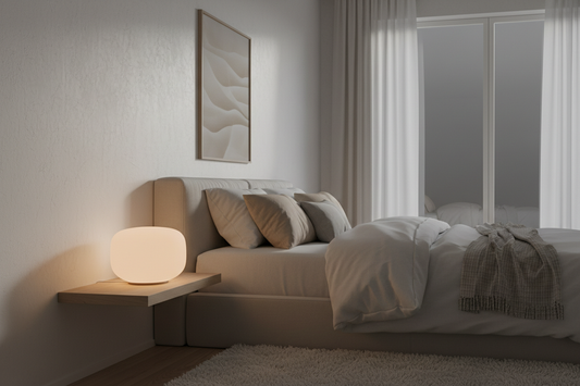 Minimalist LED night light on a neutral bedside table in a modern Nordic bedroom