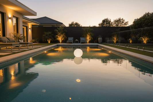 Best pool lights 2026 — solar floating and RGB underwater pool lights in a backyard swimming pool at dusk