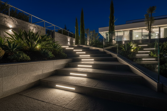 Solar garden lights illuminating a stone pathway and entrance at night with warm ambient glow