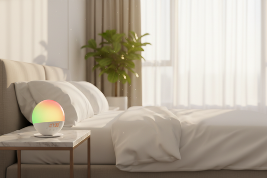 Smart sunrise alarm clock with Bluetooth speaker on bedside table in bright morning bedroom