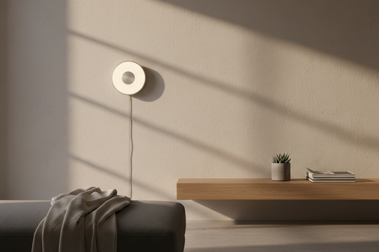 Cordless rechargeable LED night light on a bedroom shelf with warm glow and no visible cables
