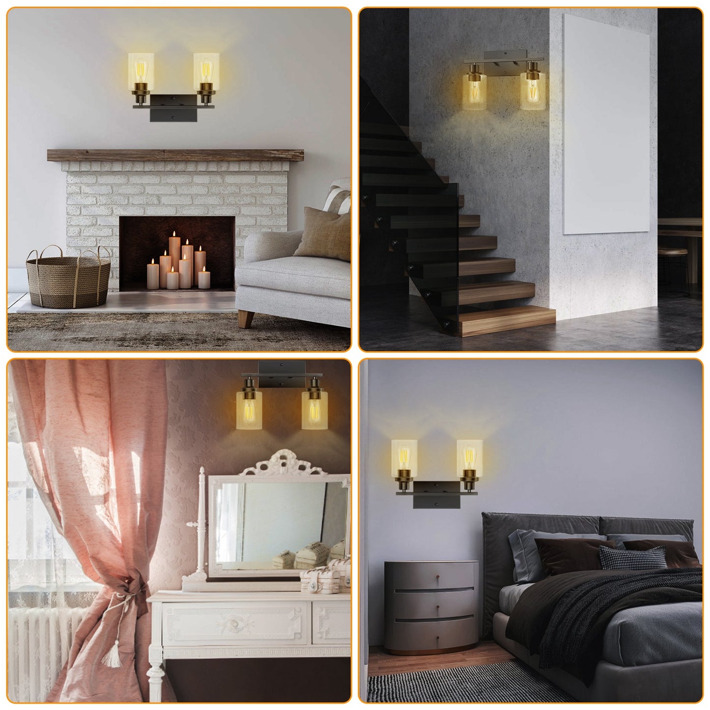 Wall sconce showing warm white filament bulb glow through clear glass shade