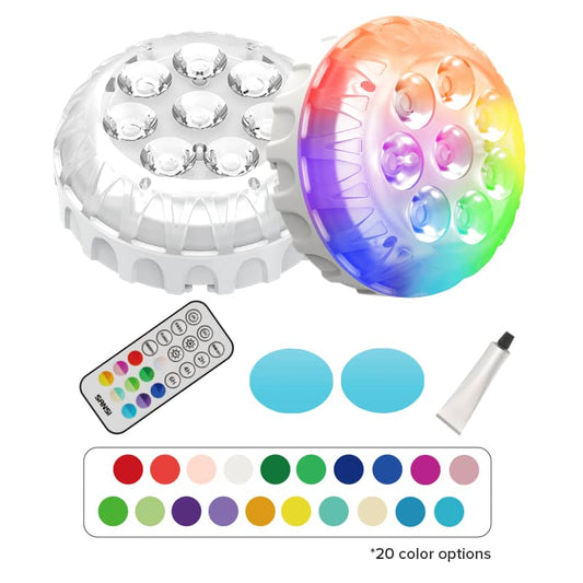 Lumwell submersible pool light 2-pack with RF remote control, suction cups, adhesive pads, and 20 RGB color options