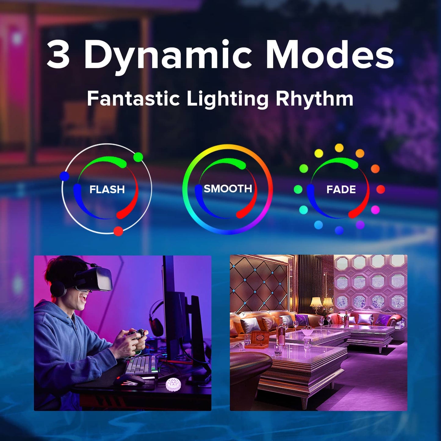 Waterproof pool light with 3 dynamic lighting modes – static, flash, and fade