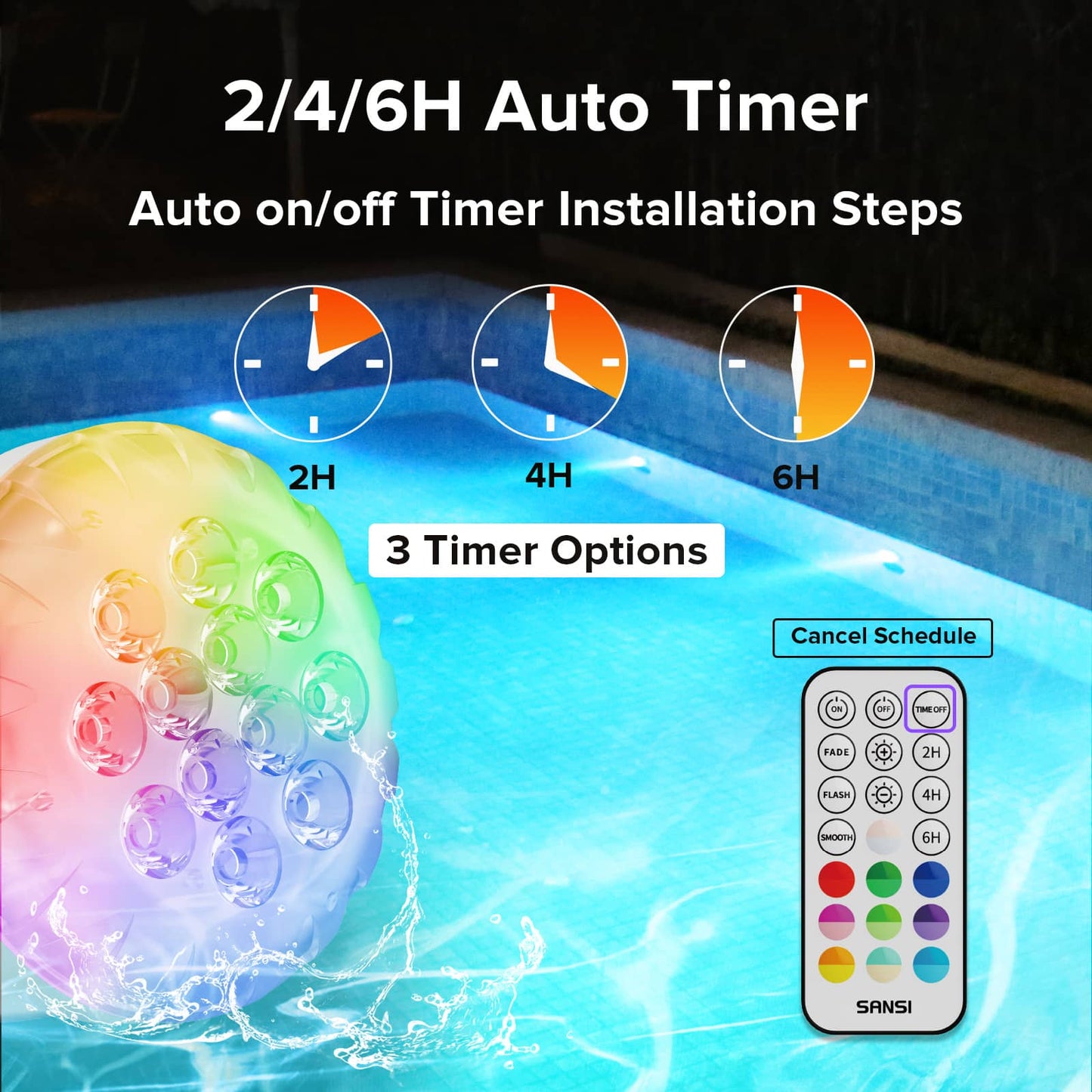 Pool light with 2, 4, and 6 hour auto timer function