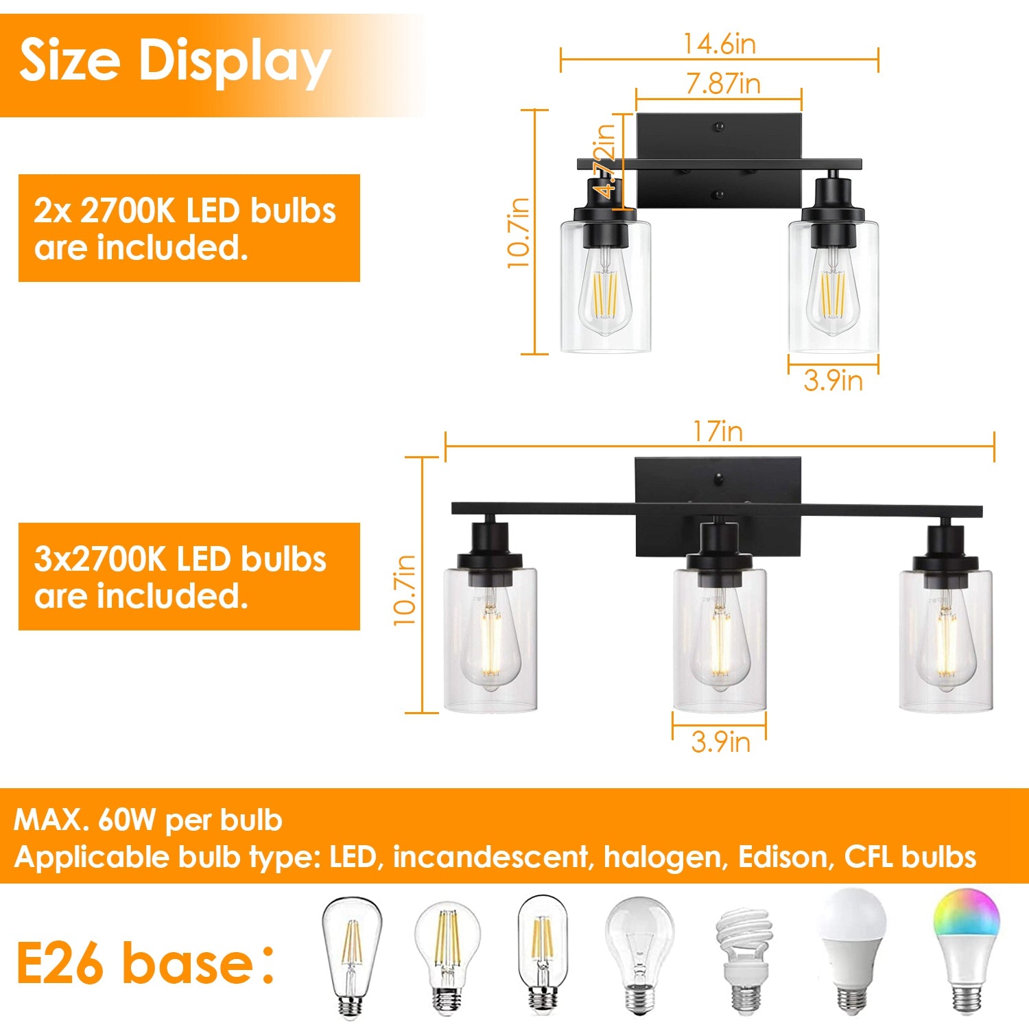 Black wall sconce showing clear glass shade and E26 LED filament bulb detail