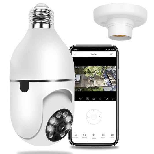 WiFi bulb camera showing two-way audio microphone and speaker feature