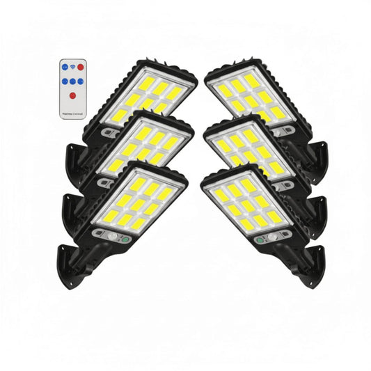 Solar motion sensor light 6-pack set arranged on white studio background