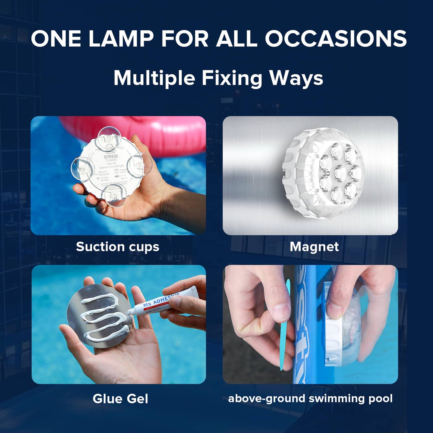 Lumwell pool light multiple mounting ways – magnet, suction cup, and hook