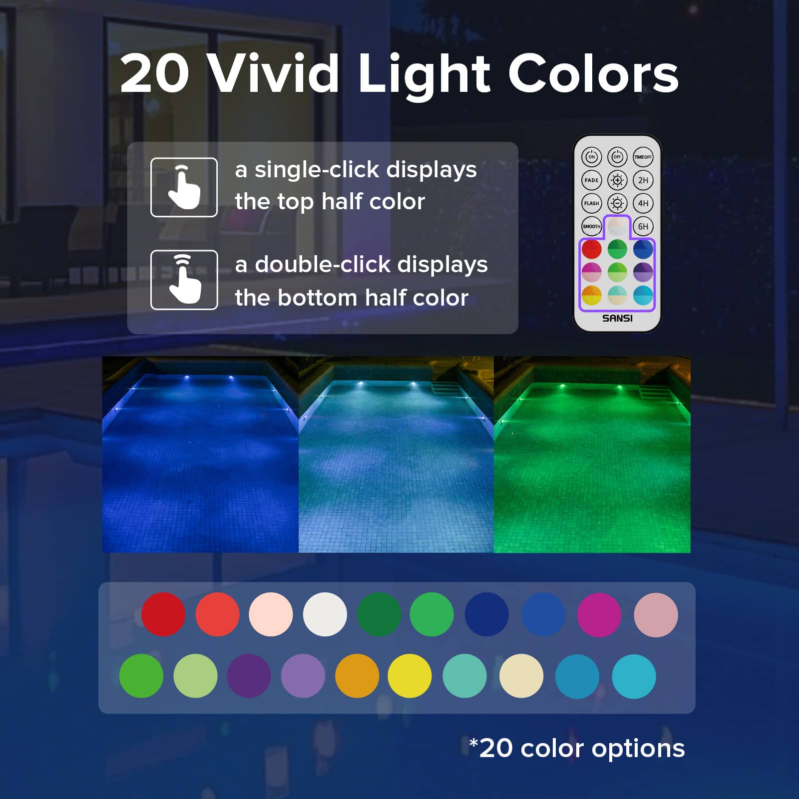 Waterproof led light with 20 vivid RGB color options