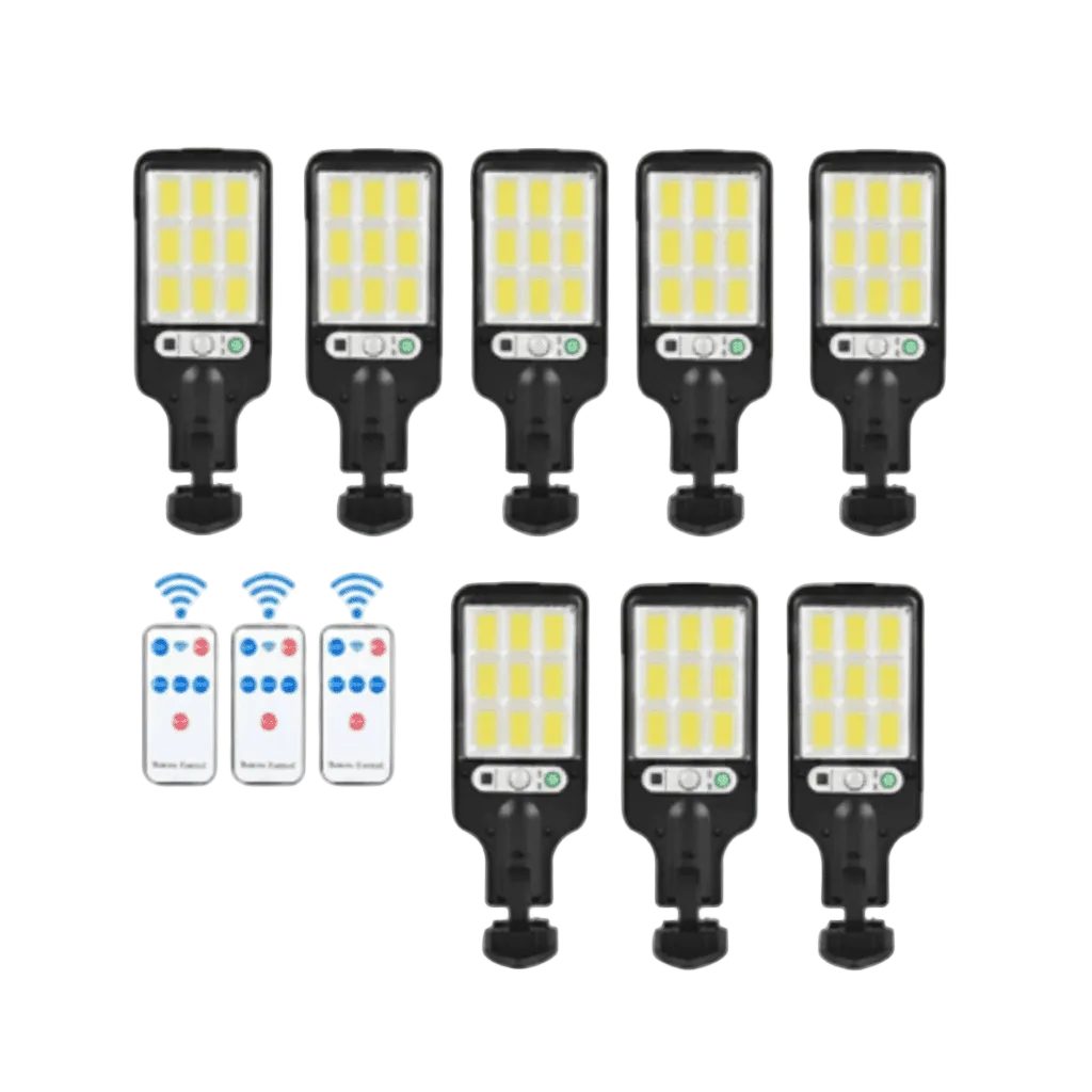 Solar motion sensor light 8-pack set arranged on white studio background