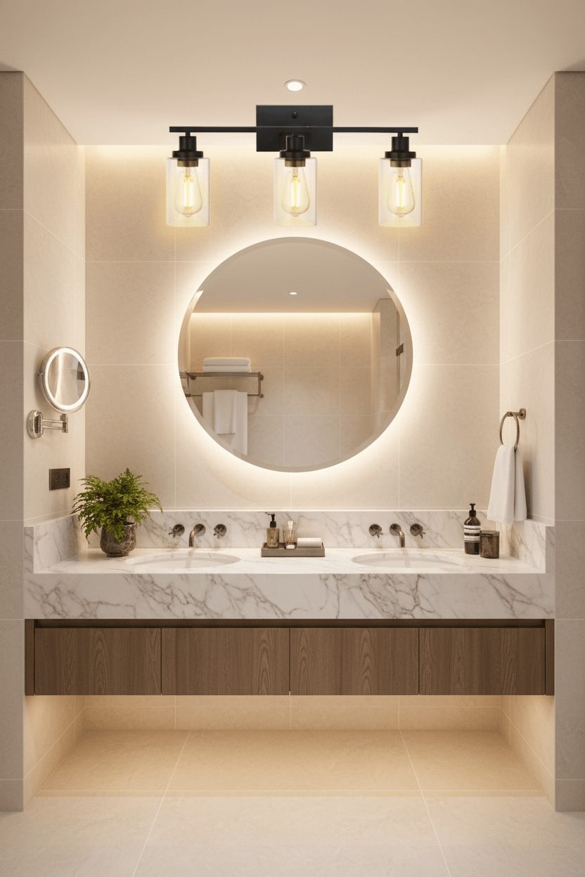 Matte black 3-light wall sconce installed above bathroom vanity mirror in luxury setting