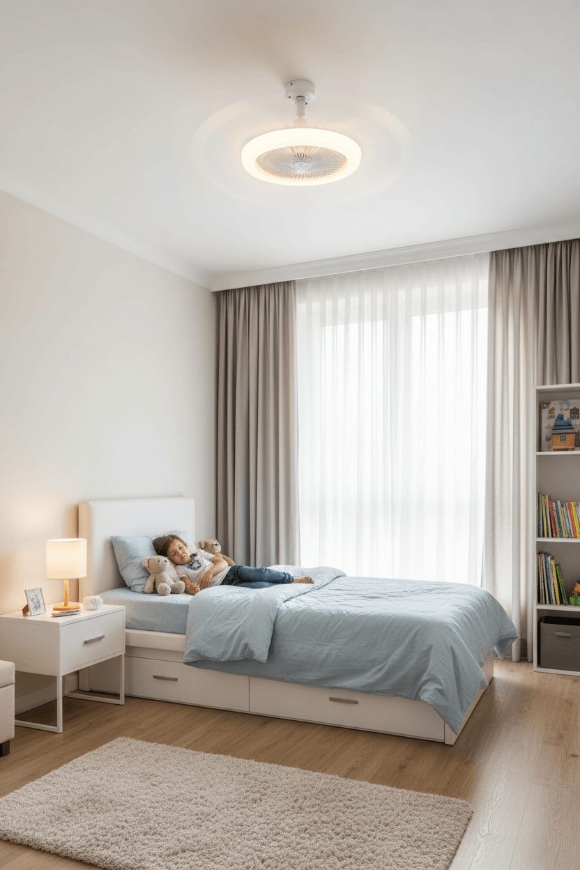 E27 ceiling fan light installed in bedroom with child sleeping in cozy scene