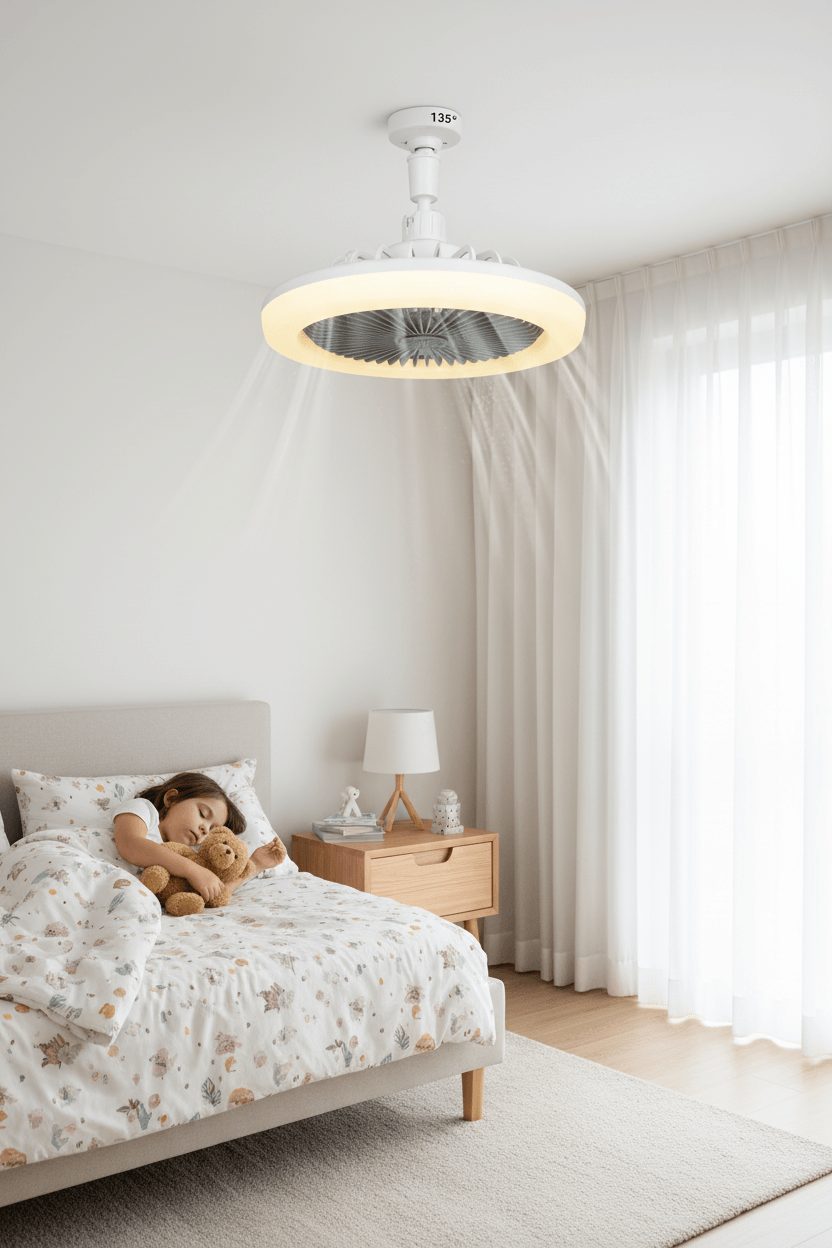 E27 socket ceiling fan light installed in bedroom showing soft ambient illumination