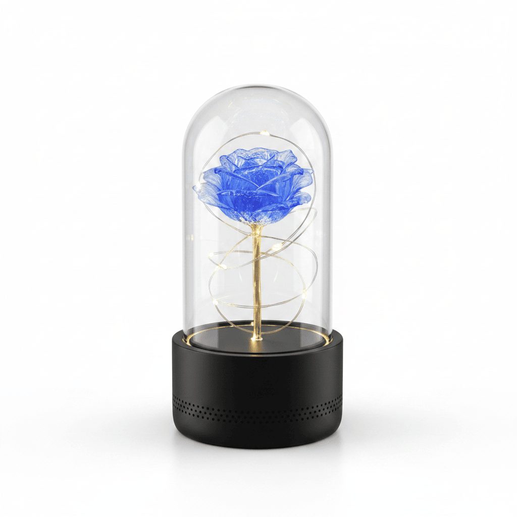 Rose LED night light with black base and blue flower on white background