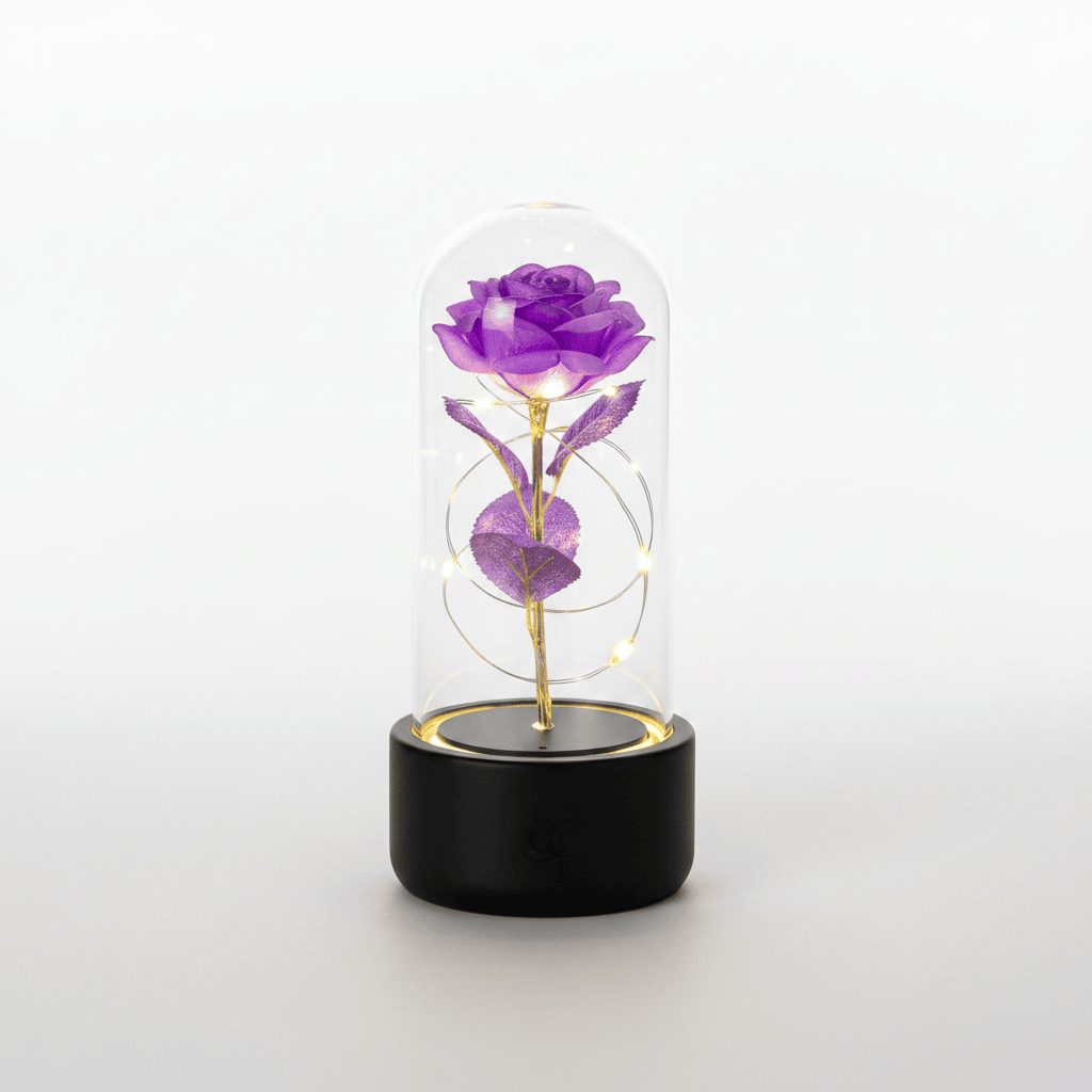 Rose LED night light with black base and purple flower on white background