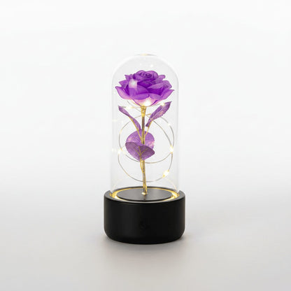 Rose LED night light with black base and purple flower on white background