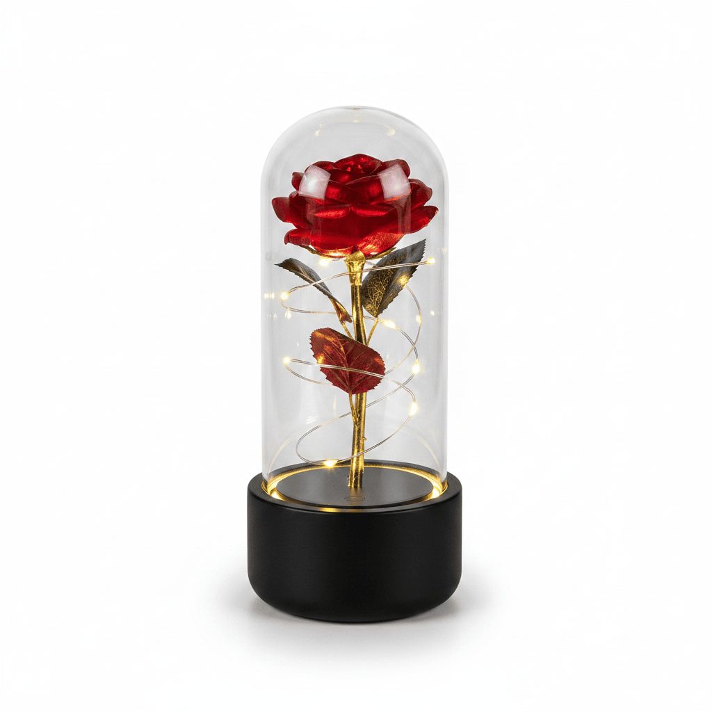 Rose LED night light with black base and red flower on white background