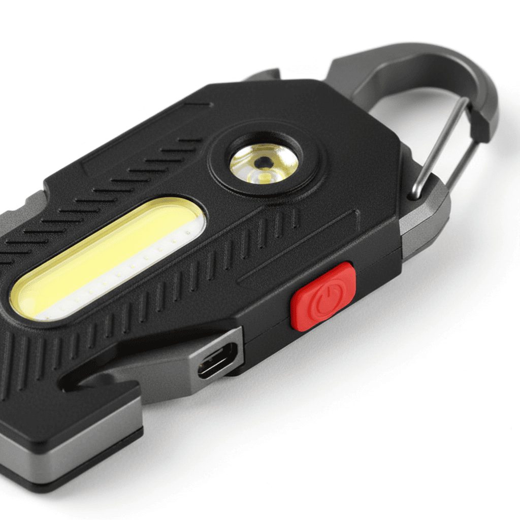 Close-up of COB keychain light showing LED chip and clip detail