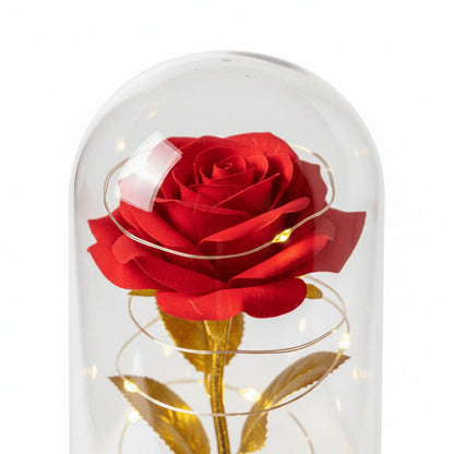 Close-up of rose LED night light showing petal texture and LED glow