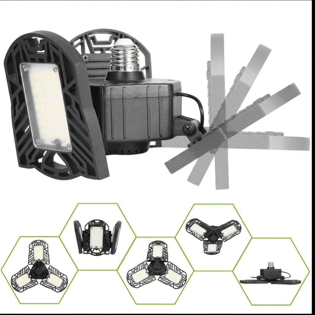 LED garage light showing adjustable arm positions and deformable configurations