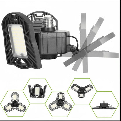 LED garage light showing adjustable arm positions and deformable configurations