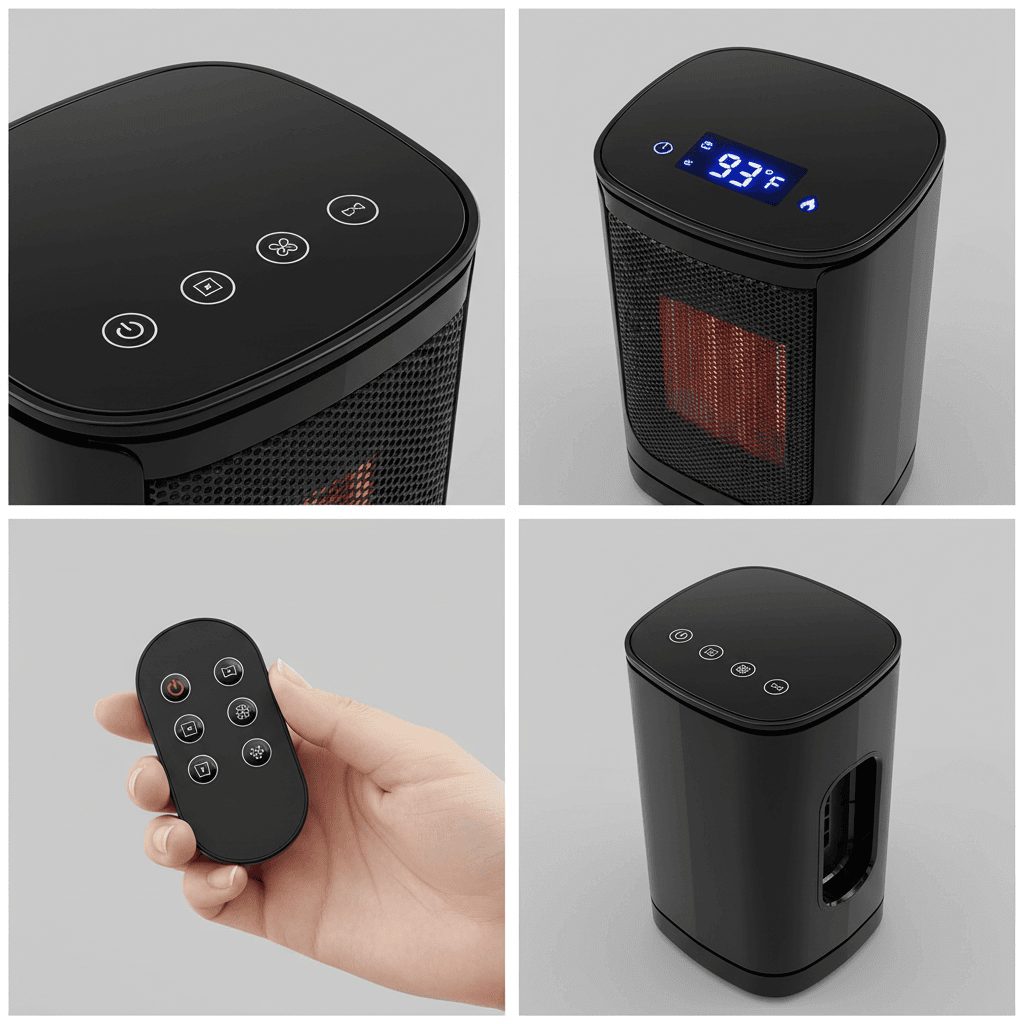 Close-up grid showing ceramic heater touch panel display remote and handle detail