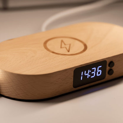 Close-up of bedside lamp showing wooden base texture and LED strip detail