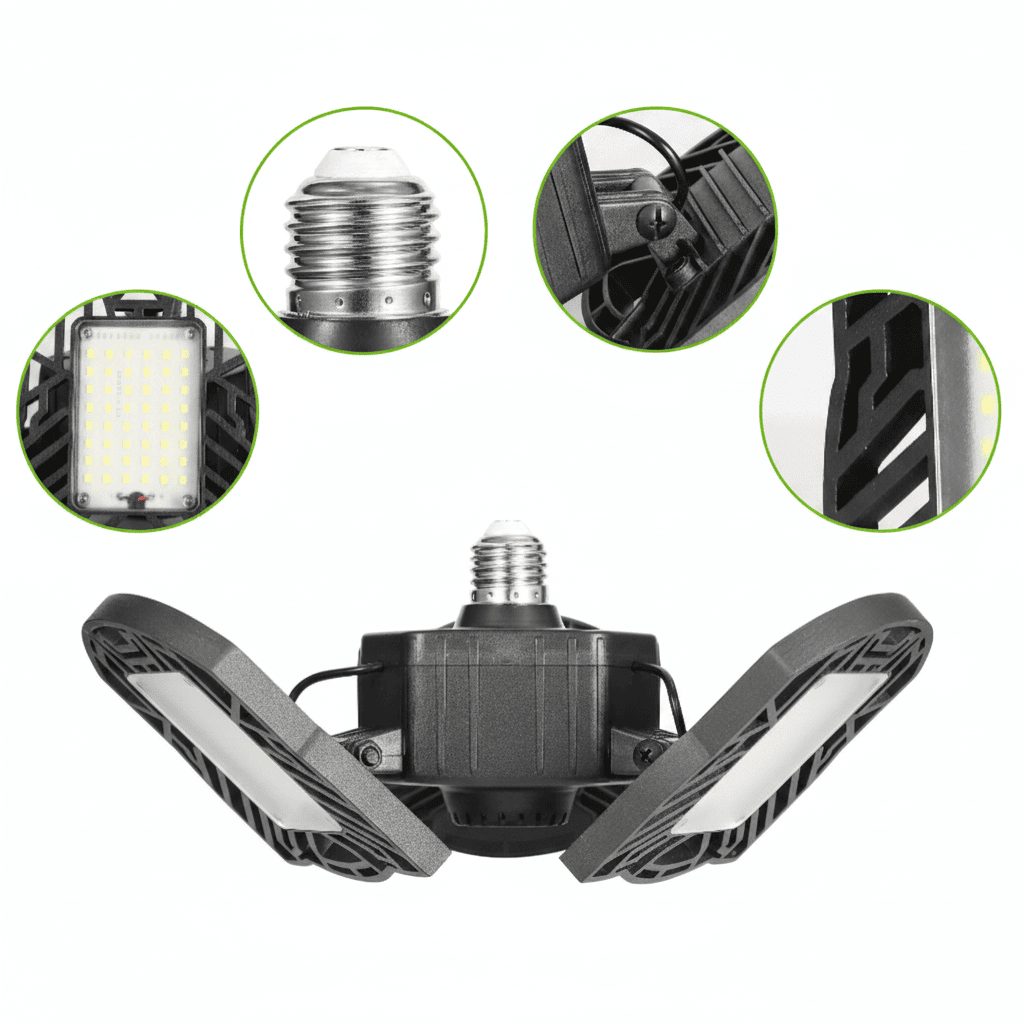 Close-up detail of LED garage light showing COB panel E26 base and heat dissipation structure