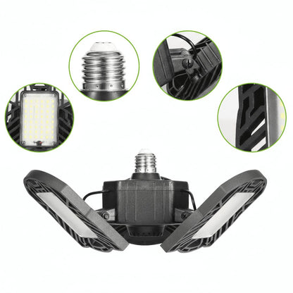 Close-up detail of LED garage light showing COB panel E26 base and heat dissipation structure