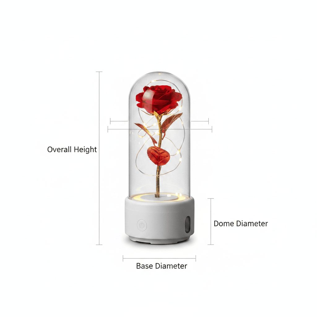Rose LED night light size reference with product dimensions