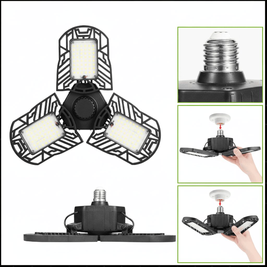 LED garage light size reference showing product dimensions and installation steps