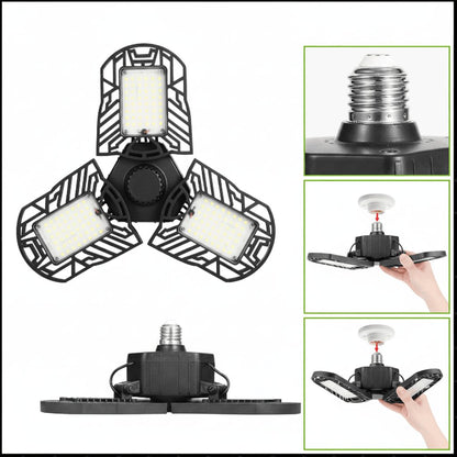 LED garage light size reference showing product dimensions and installation steps